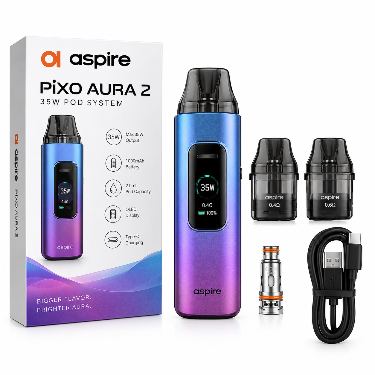 Aspire PIXO Aura 2 35W Pod System — user-supplied model photo; pictured color not confirmed as a saved variant